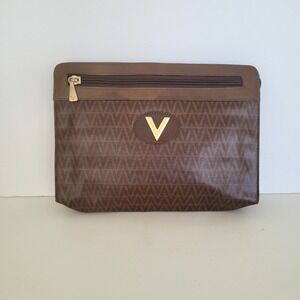Mario Valentino Vintage Brown‎ Monogram Clutch Bag Made in Italy Gold V Logo